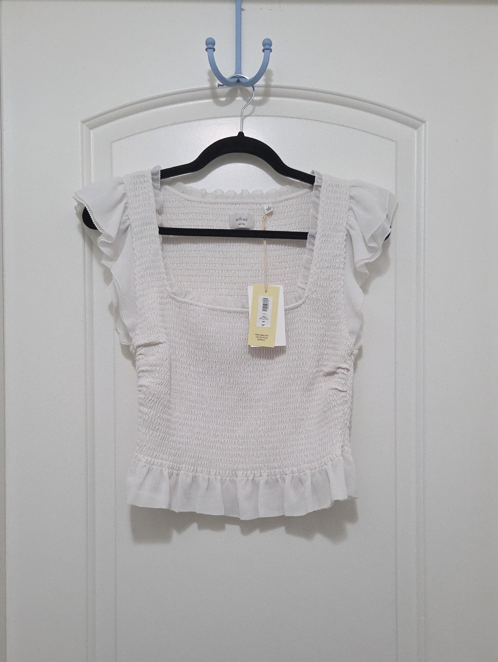 Aritzia Wilfred White Smocked Ruffle Crop Top
